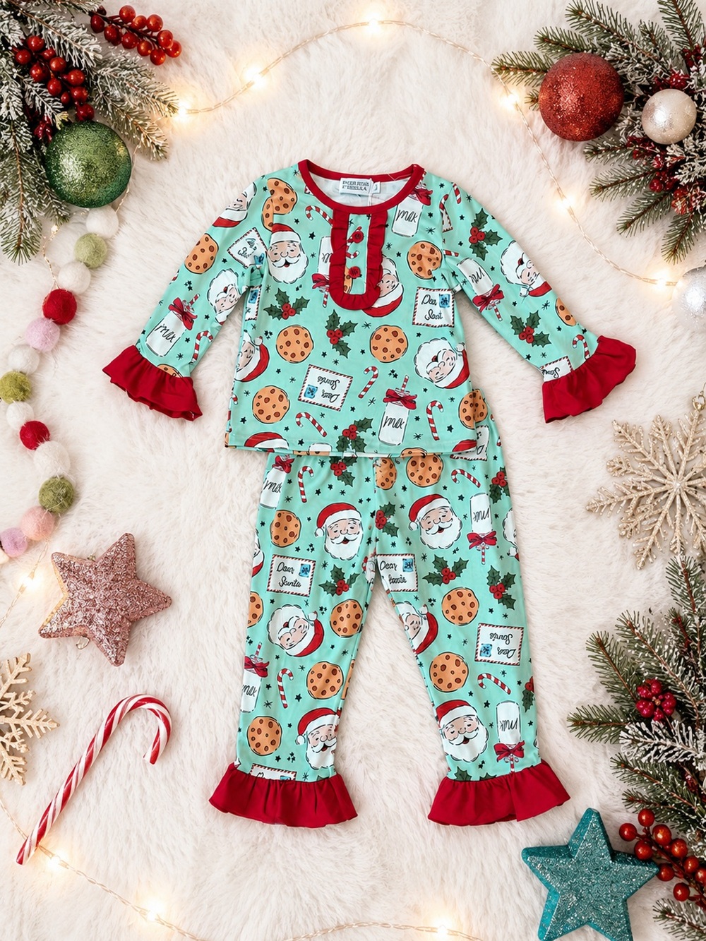 Boutique Santa Cookies & Milk Christmas Outfit Girls Mint Ruffle Set New